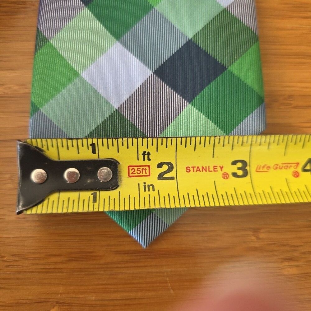 Tommy Hilfiger Mens Silk Necktie Green Blue Geometric Plaid Preppy Corp Tie - Picture 5 of 6